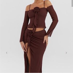 House of CB Brown Floral Top Skirt Set